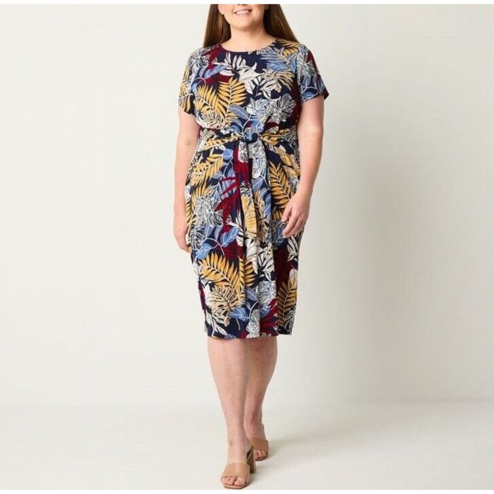 R & K Short Sleeve Navy Floral Puff Print‎ Midi Sheath Dress Tie Plus 3X NWT